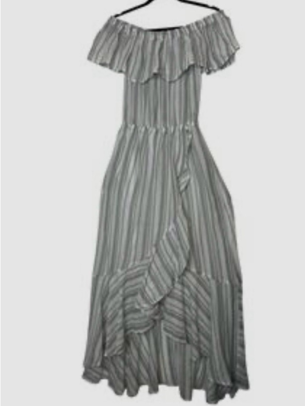 Elan Maurice’s Gray Striped Off-Shoulder Maxi Dress